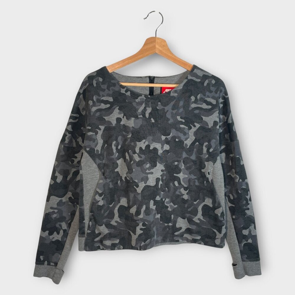 NIKE Tech Sweatshirt MEDIUM Back Zipper Pockets Black & Gray Camo Athleisure